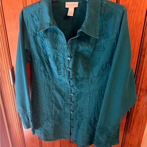 Soft Surroundings Turquoise Embroidered Button Down Shirt